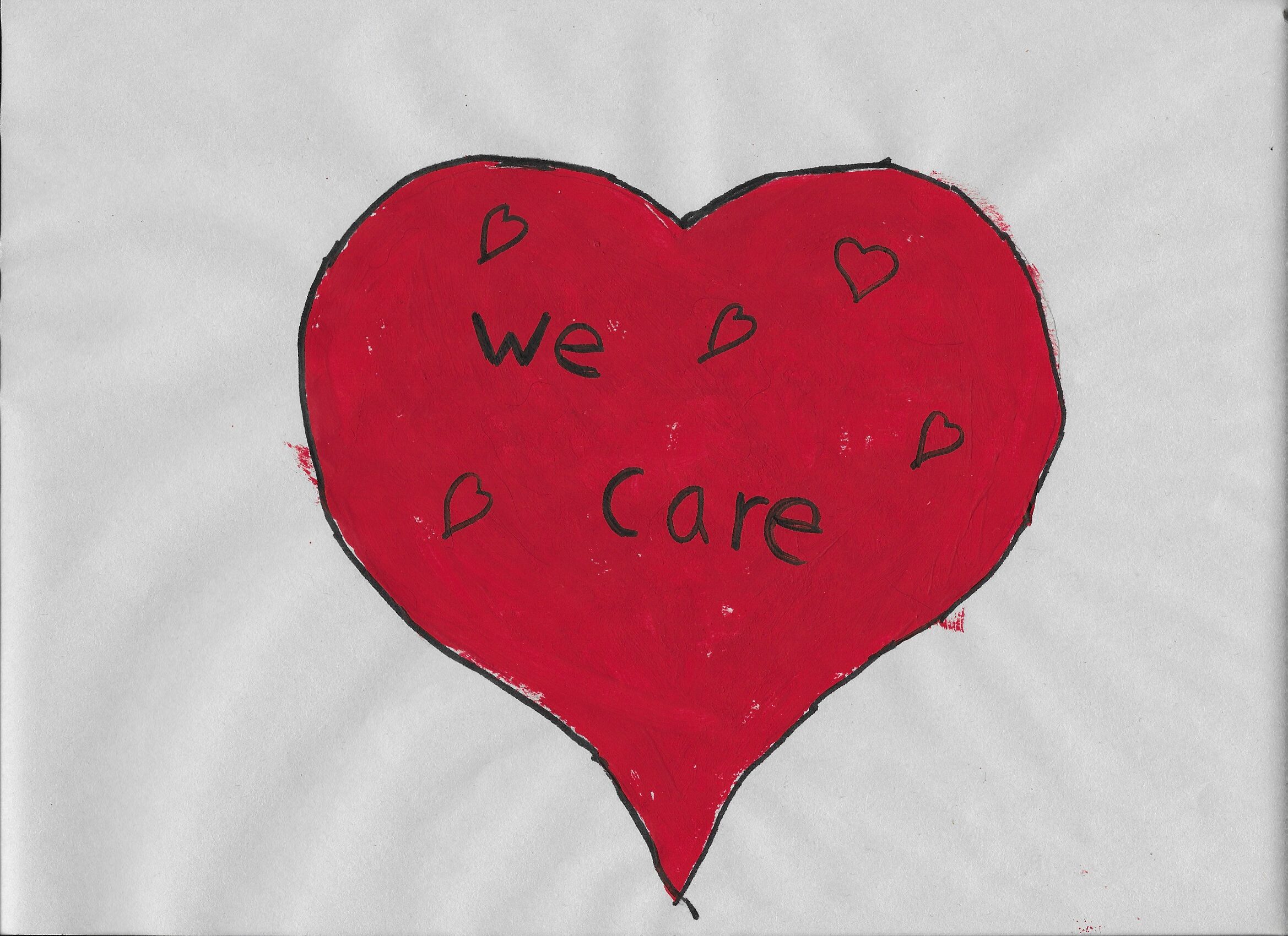 A heart drawn and painted by my niece with "We Care" written in the middle.